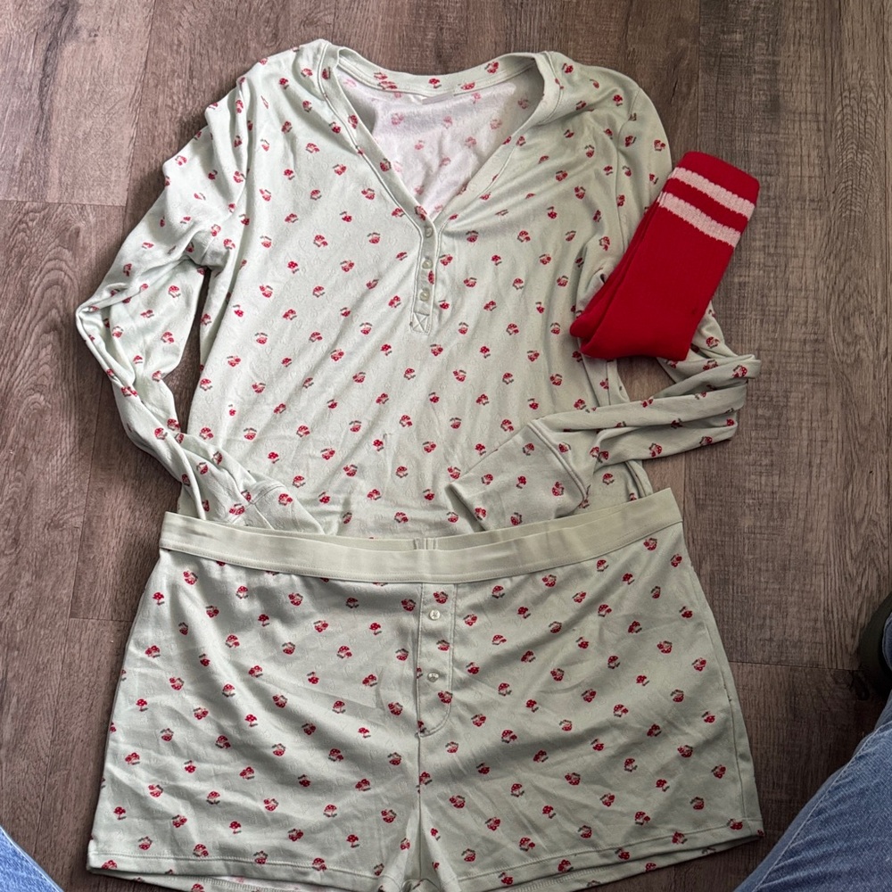 No Boundaries Cream Pajama Set with Red Details